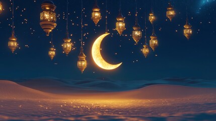 Naklejka premium Design a 3D portrait scene of a glowing crescent moon surrounded by traditional lanterns, suspended in the air over a serene desert landscape at night. The lanterns should emit a warm, For ramadan.