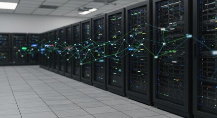 Futuristic data center with digital network connections and transparent servers
