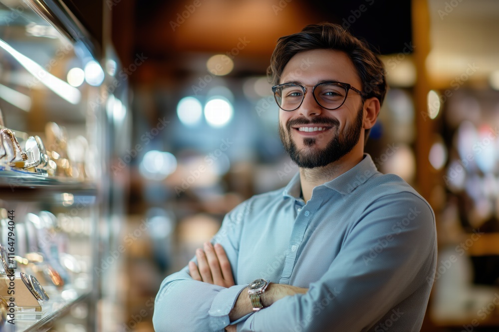Poster a smiling salesman man with glasses stands confidently in front of a display of watches. he has a be