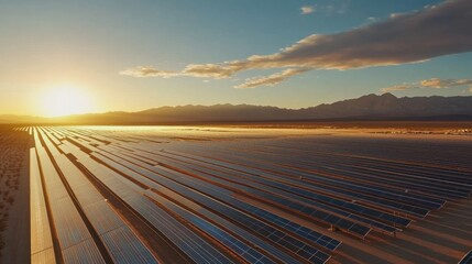 Solar Panels in Desert at Sunset