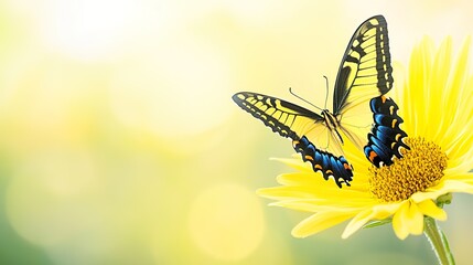 Swallowtail butterfly on yellow flower in sunlit garden