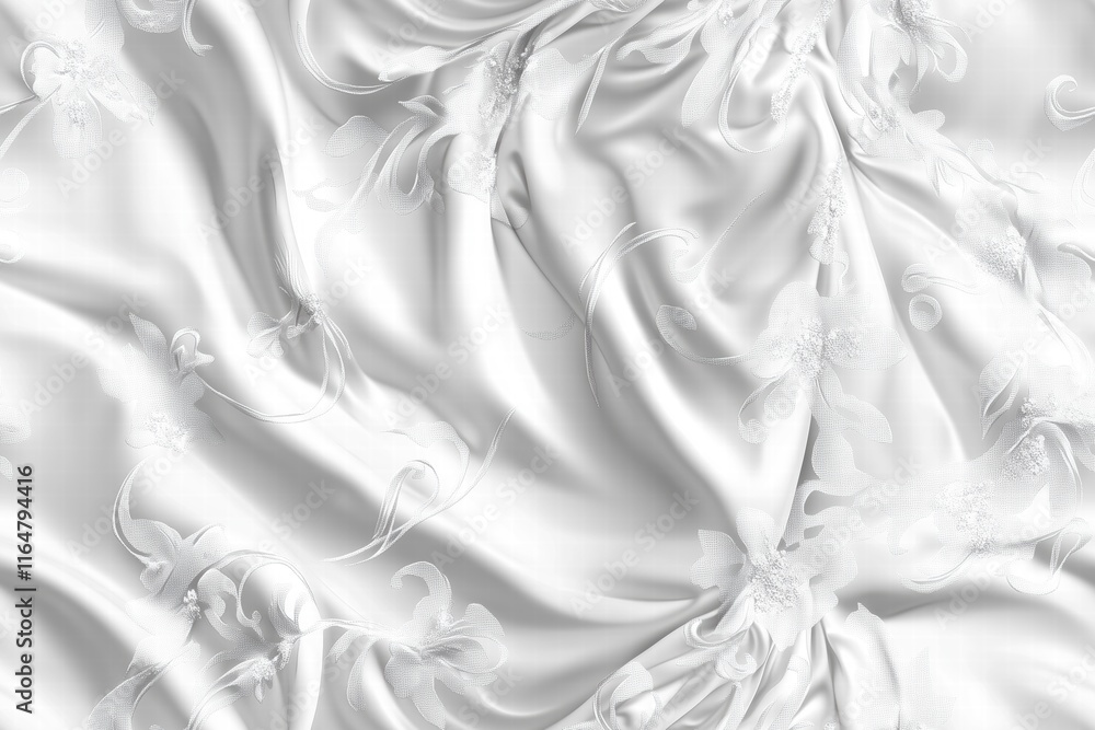 Poster a close-up view of luxurious white satin fabric with delicate floral patterns and soft folds, creati