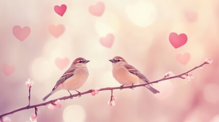 Valentine's Day scene with two love birds perched on a thin branch, surrounded by soft pink and red hearts floating gently in the air.