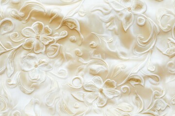 A close-up view of elegant embroidered fabric featuring floral patterns in soft cream and gold tones. The intricate design showcases delicate flowers and swirling vines, ideal for luxurious textiles.