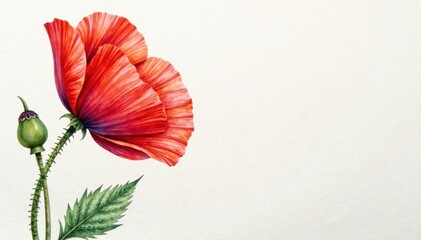 Vibrant watercolor painting of a single poppy flower with intricate details and delicate lines, art, nature, botanical
