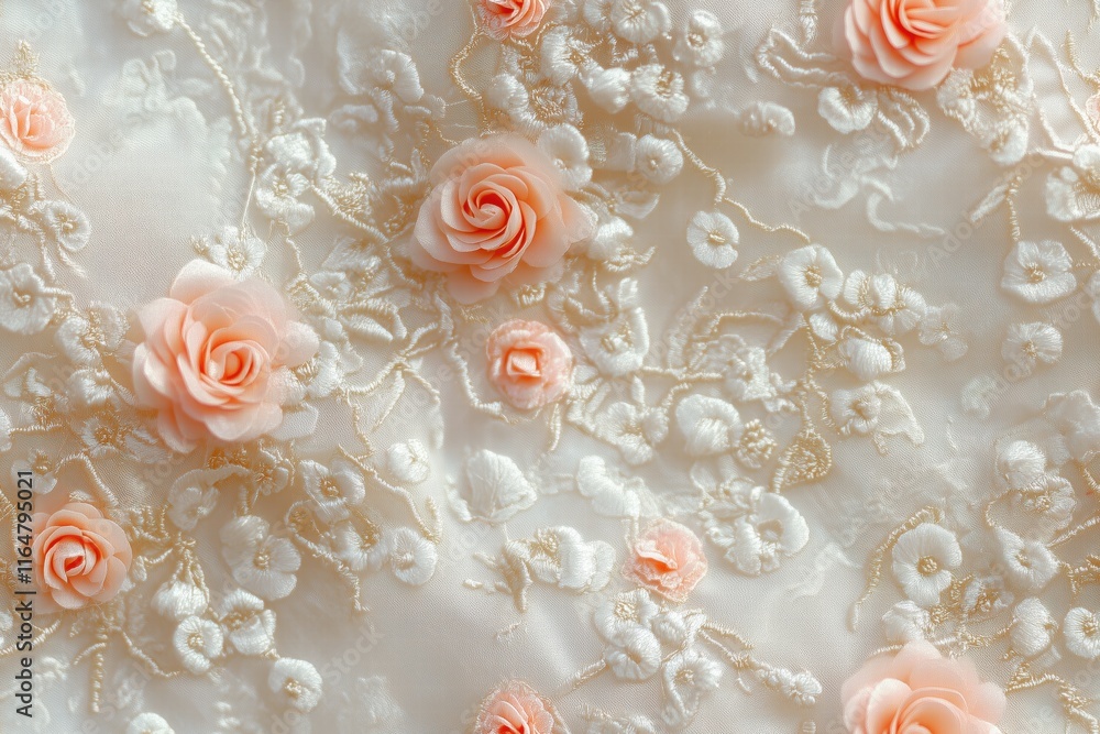 Poster a close-up view of delicate fabric adorned with intricate embroidery and soft pink roses. the fabric