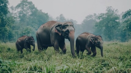 Elephants Walking Through Misty Forest Underbrush
