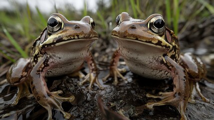Naklejka premium Frogs Hopping Through Wet Jungle Leaves in Macro Focus