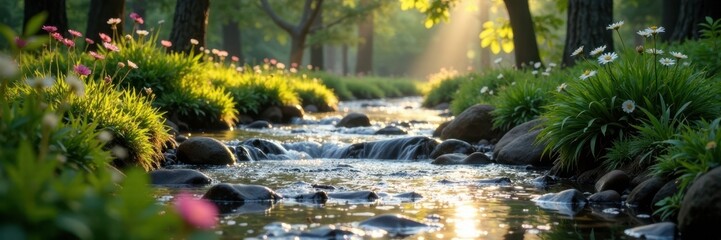 Poetic pages fluttering in the wind beside a stream, book, water