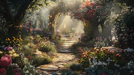 A fantasy-inspired garden where enchanted creatures assist a gardener in pruning magical plants