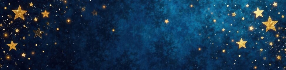 Fototapeta premium Gold glitter stars and shooting star on dark blue, festive Xmas backdrop, pattern, sky