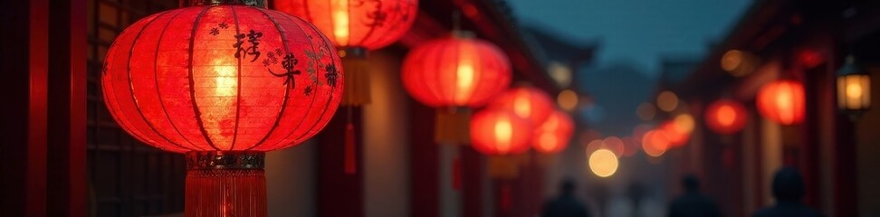 Gleaming red lantern, intricate design, hangs in the dark, symbolising joy of Chinese New Year , spring festival, good fortune