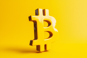 Three-Dimensional Yellow Bitcoin Symbol on Yellow Background