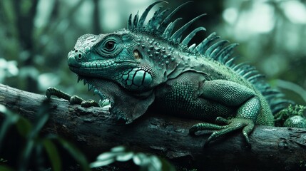 Obraz premium Iguana Sunbathing on Logs in Lush Jungle