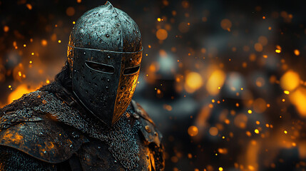 Fototapeta premium Teutonic Knight in Full Armor with Sword, Medieval Templar Warrior Standing in Battle Stance on Historic Battlefield in the Middle Ages, Dramatic Light and Historical Setting