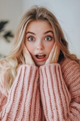 A surprised young woman with long blonde hair, wearing a cozy pink sweater, holds her face in her hands, expressing shock or excitement. The background is softly blurred, enhancing her expression. 