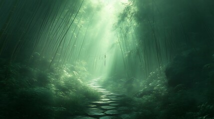 Fototapeta premium Mystical Bamboo Forest Path Stone Steps Sunlight