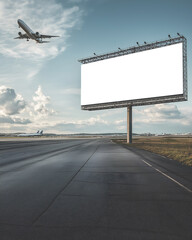 Mock up of a blank billboard near an airport runway with planes in the distance. Promotion information for marketing announcements and details