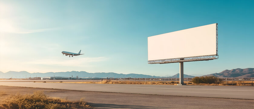 Mock up of a blank billboard near an airport runway with planes in the distance. Promotion information for marketing announcements and details