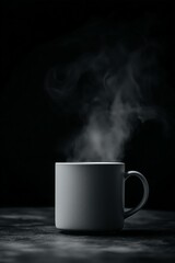 Close up shot of a coffee mug with steam rising, in a beautiful morning light.