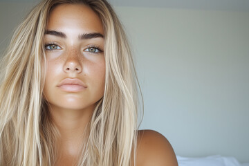 Naklejka premium Portrait of a Young Woman with Blonde Hair and Freckles