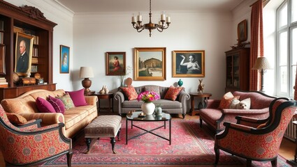 A classic living room with elegant furniture, vibrant textiles, framed portraits, and ornate decorations, blending sophistication and warmth in a timeless design. Generative, AI,