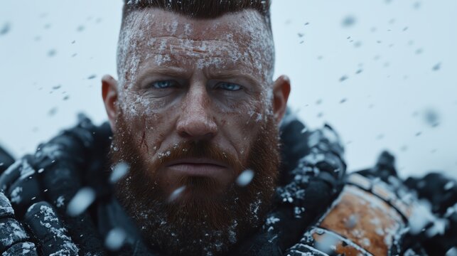 Bearded man with snow on his face in harsh winter conditions, wearing heavy winter gear. - Powered by Adobe