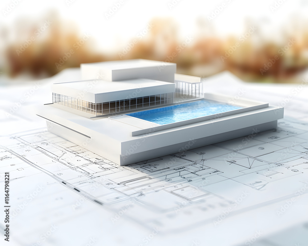 Poster architectural model and blueprints of modern building with pool