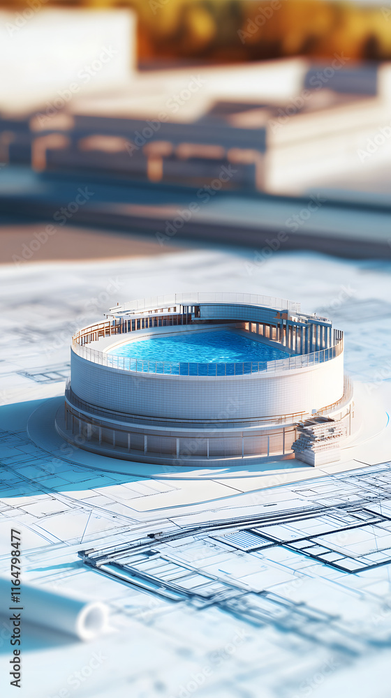 Poster architectural model of circular indoor pool with blueprints