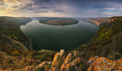 Beautiful autumn landscape at sunrise. picturesque river canyon. nature of Ukraine