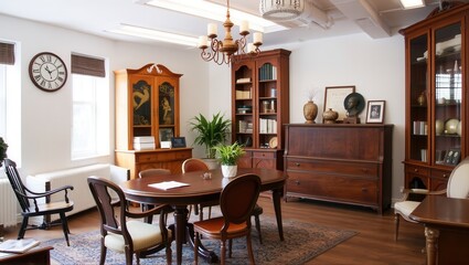 Fototapeta premium Elegant study room with vintage furniture, bookshelves, framed portraits, a chandelier, and warm lighting, creating a sophisticated and historic ambiance. Generative, AI,