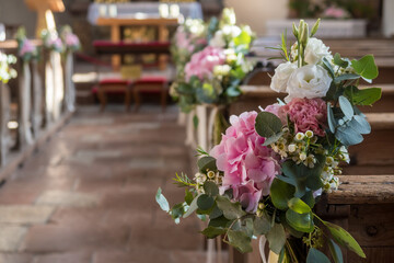 Flower decoration inside the church close up view.