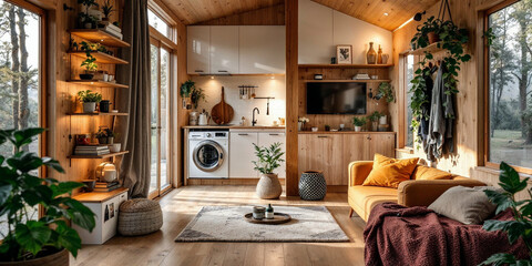 Concept photo of tiny house interior, cabin house interior