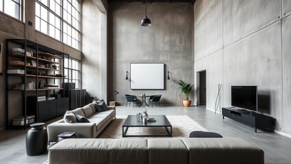 Spacious industrial living room with high ceilings, concrete walls, modern furniture, and large windows. Stylish and minimalistic with functional design elements. Generative, AI,