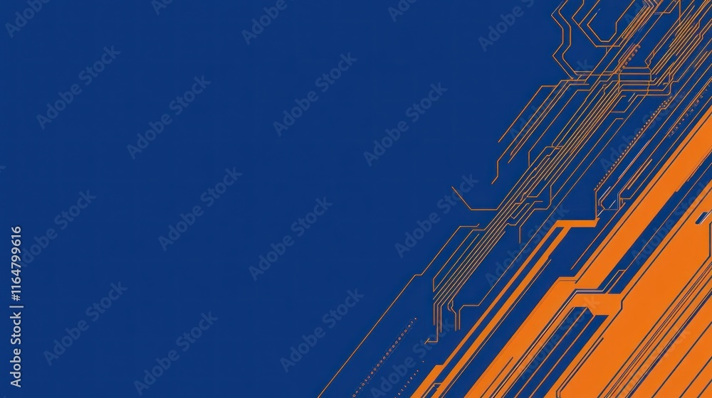 Poster abstract tech background with orange circuit lines on blue.