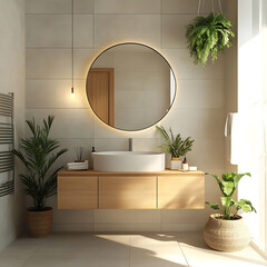 A stylish bathroom with a round mirror a floating vanity and a potted plant for a touch of green in 16:9 aspect ratio 