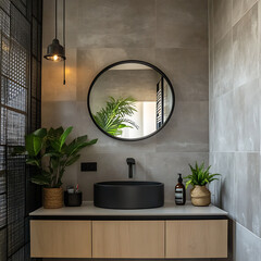 A stylish bathroom with a round mirror a floating vanity and a potted plant for a touch of green in 16:9 aspect ratio 