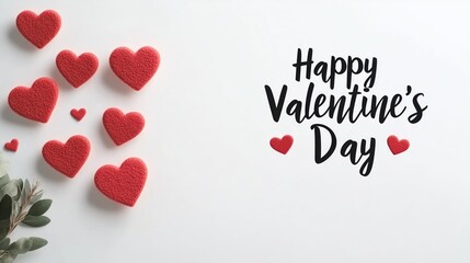 Happy Valentine's Day text with red hearts and foliage