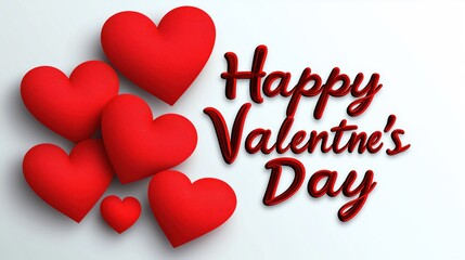 Happy Valentine's Day text with 3D red hearts on light background