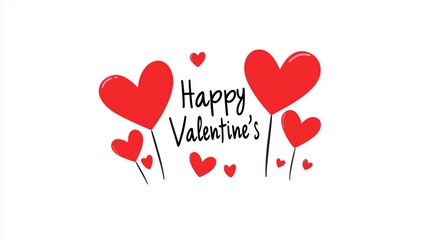 Happy Valentine's Day Illustration with Red Heart Balloons, "Happy Valentine's Day" text