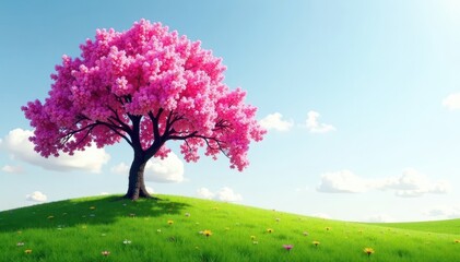 Fototapeta premium Full pink tree in bloom, surrounded by lush green grass , delicate, Spring, outdoor