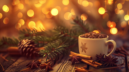 Cozy Holiday Atmosphere with Coffee Cup, Cinnamon, and Star Anise on Rustic Wooden Table by Warm Festive Lights