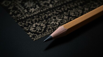 Pencil on Patterned Paper: A simple wooden pencil rests on a black sheet of paper, its graphite tip poised above a intricate pattern of delicate floral designs. The image evokes a sense of creativity.