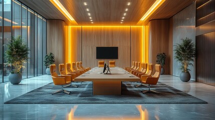Fototapeta premium Modern Boardroom Featuring Warm Lighting and Stylish Chairs