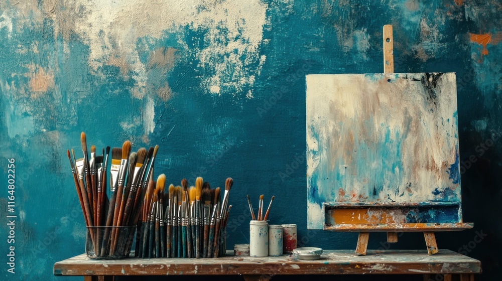 Poster art studio with brushes and canvas setup.