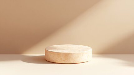 "3D Render of Abstract Geometric Shapes and Podium in Soft Peach Tones"