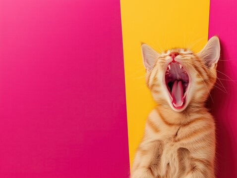 Adorable ginger kitten yawning against a vibrant pink and yellow background