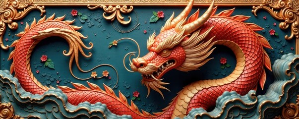 Obraz premium Intricate carving of a dragon, swirling details, symbol, art, year