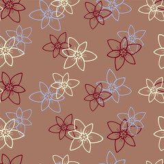 Seamless pattern of hand drawn flowers white, blue, magenta on coffee-brown background. Colorful botanical floral ornament design.