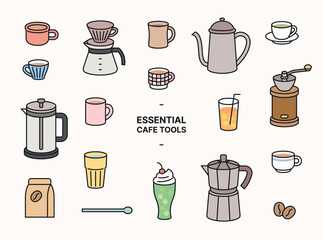 A collection of coffee supplies and various drinks. simple outline object illustration.